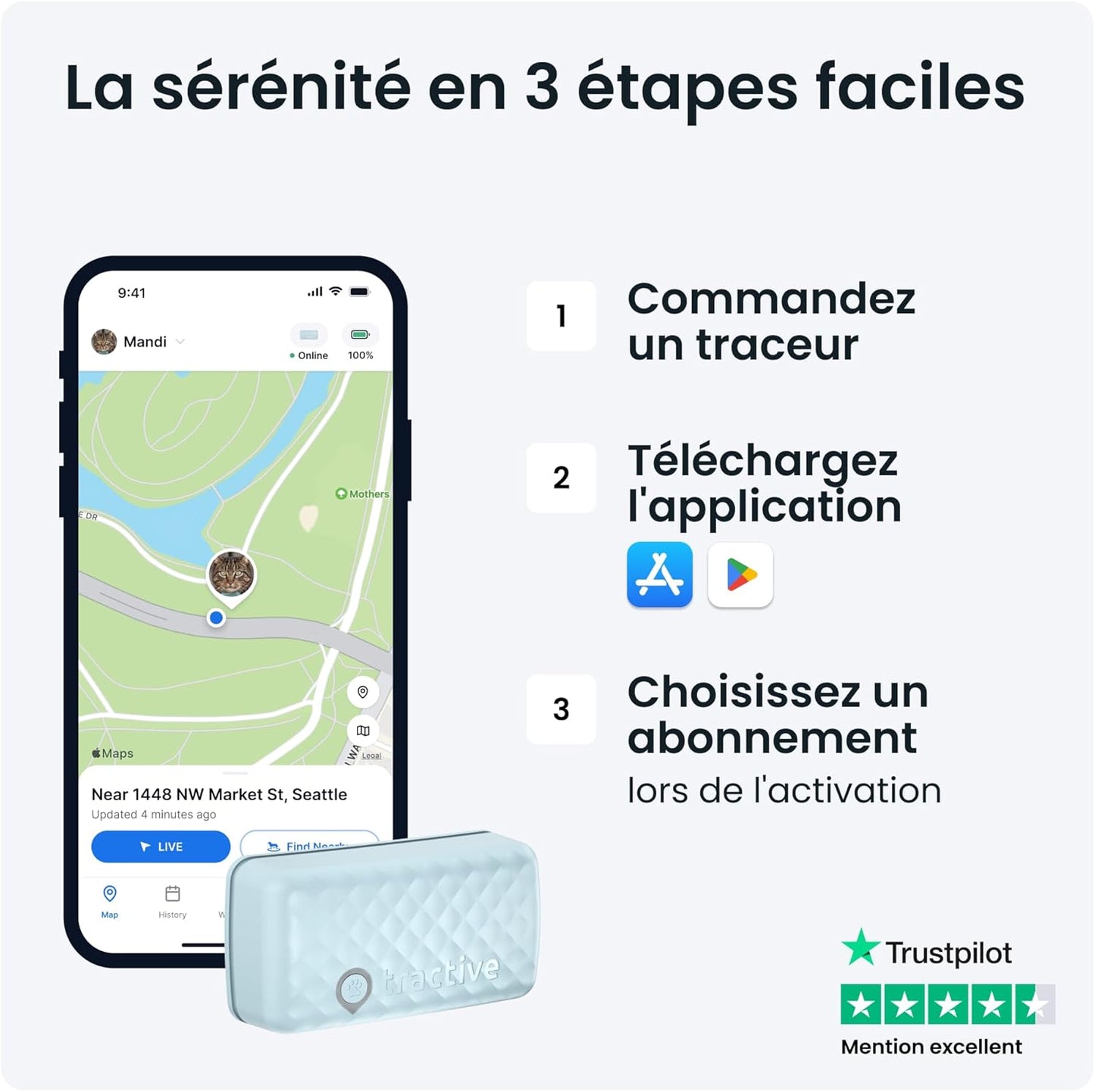 Tractive – Collier GPS Chat Connecté Mini | N° 1 des GPS pour Chats | Localisation en Direct | Historique de Localisation et Fonction Territoire | Collier de Sécurité Inclus (Menthe)