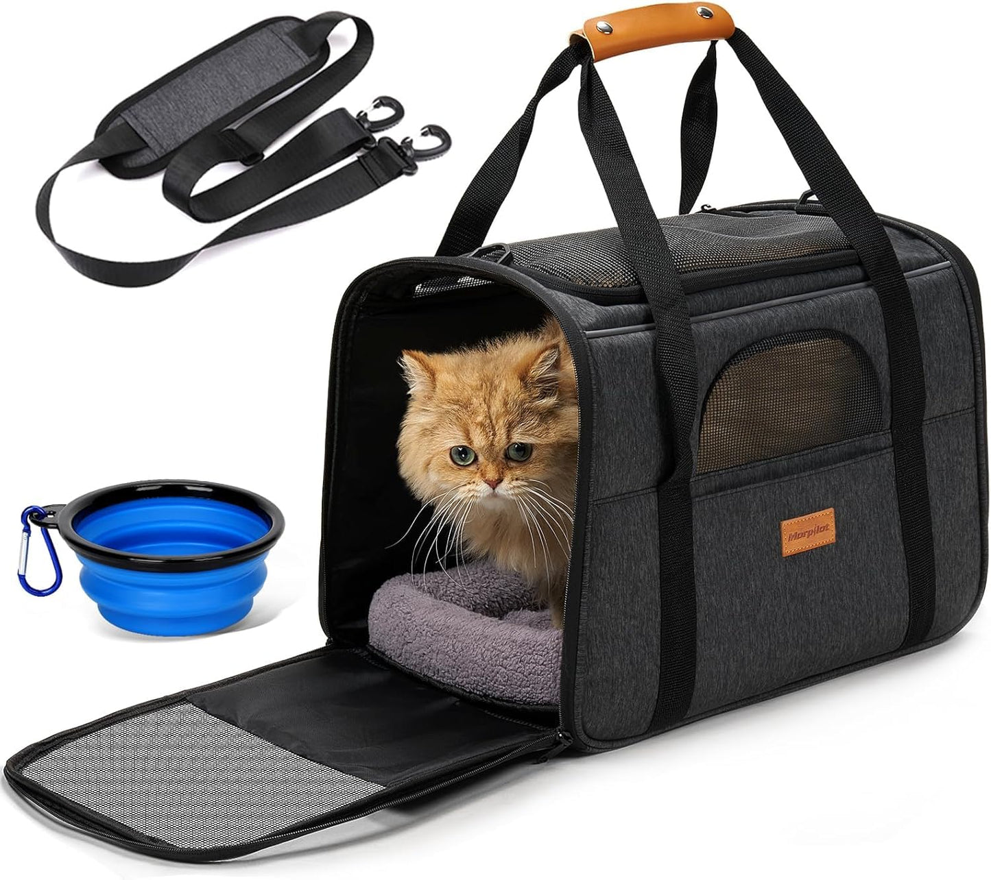 Morpilot Sac Transport Chat Chien, Caisse de Transport Chat Respirant et Pliable Cage Transport Chat avec Matelas en Peluche Amovible + Bol (Accepté au Maximum 15lbs/7kg，44 * 31 * 34cm)