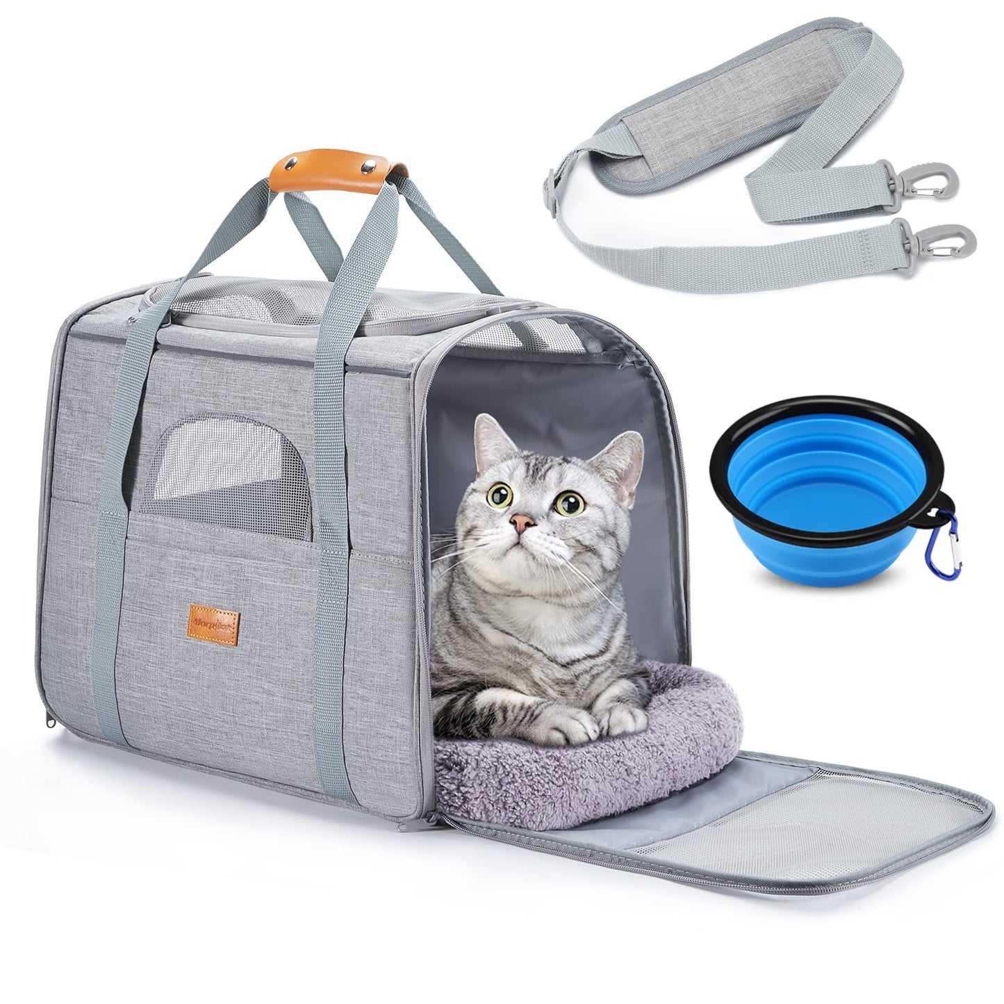 Morpilot Sac Transport Chat Chien, Caisse de Transport Chat Respirant et Pliable Cage Transport Chat avec Matelas en Peluche Amovible + Bol (Accepté au Maximum 15lbs/7kg，44 * 31 * 34cm)