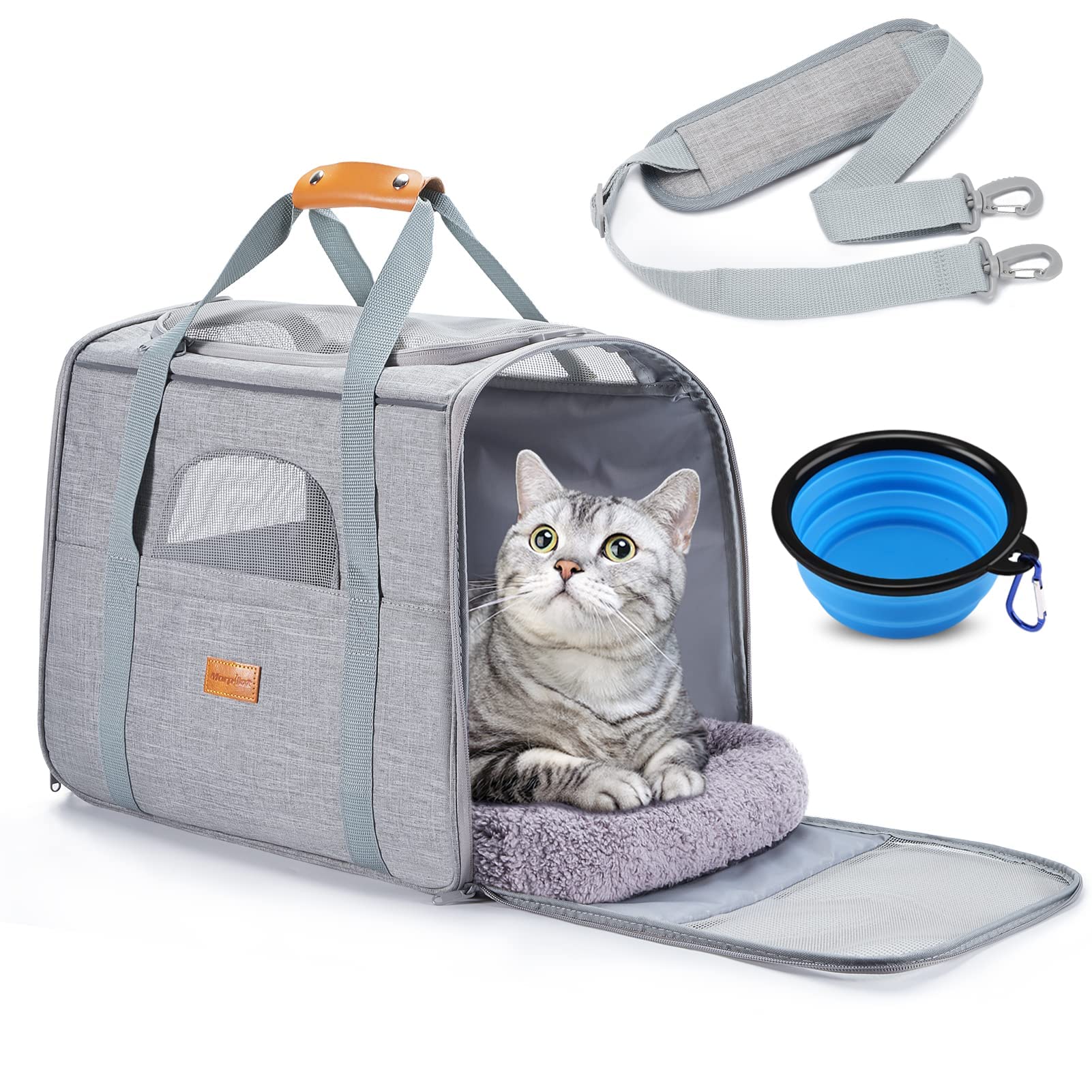 Morpilot Sac Transport Chat Chien, Caisse de Transport Chat Respirant et Pliable Cage Transport Chat avec Matelas en Peluche Amovible + Bol (Accepté au Maximum 15lbs/7kg，44 * 31 * 34cm)