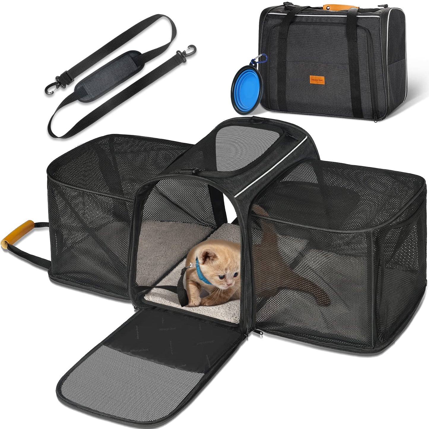 Morpilot Sac Transport Chat Chien, Caisse de Transport Chat Respirant et Pliable Cage Transport Chat avec Matelas en Peluche Amovible + Bol (Accepté au Maximum 15lbs/7kg，44 * 31 * 34cm)