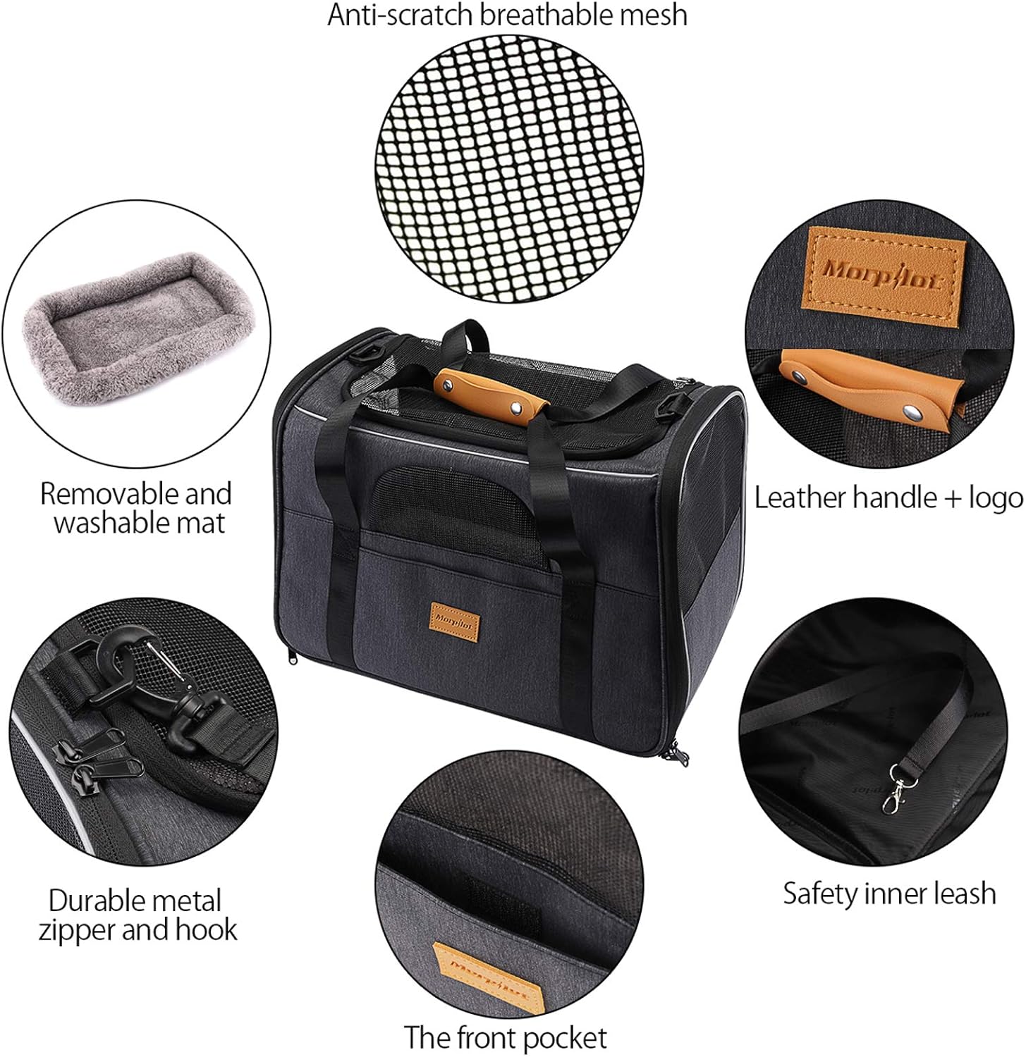 Morpilot Sac Transport Chat Chien, Caisse de Transport Chat Respirant et Pliable Cage Transport Chat avec Matelas en Peluche Amovible + Bol (Accepté au Maximum 15lbs/7kg，44 * 31 * 34cm)