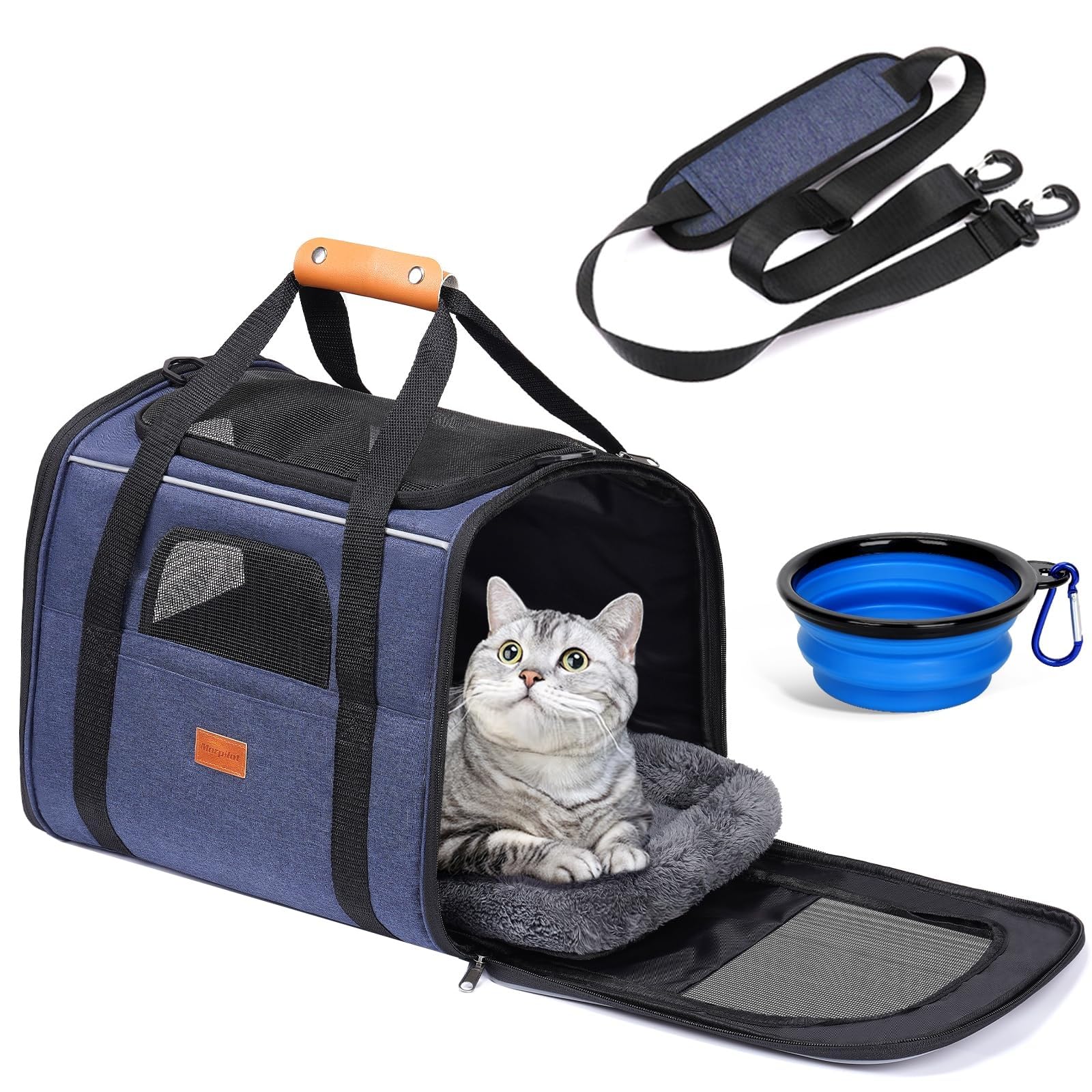 Morpilot Sac Transport Chat Chien, Caisse de Transport Chat Respirant et Pliable Cage Transport Chat avec Matelas en Peluche Amovible + Bol (Accepté au Maximum 15lbs/7kg，44 * 31 * 34cm)