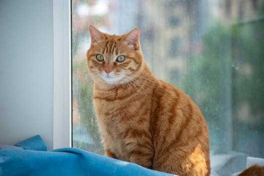 Charming ginger tabby cat with green eyes sitting indoors by a window with natural light.